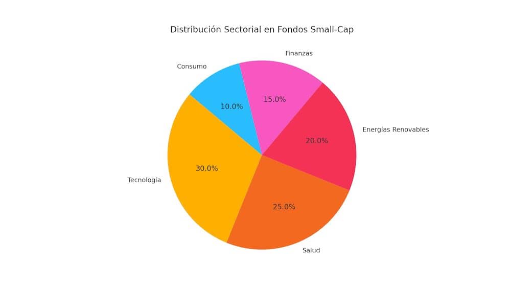 Gráfico de sectores mostrando la distribución sectorial de los fondos Small-Cap en porcentajes.