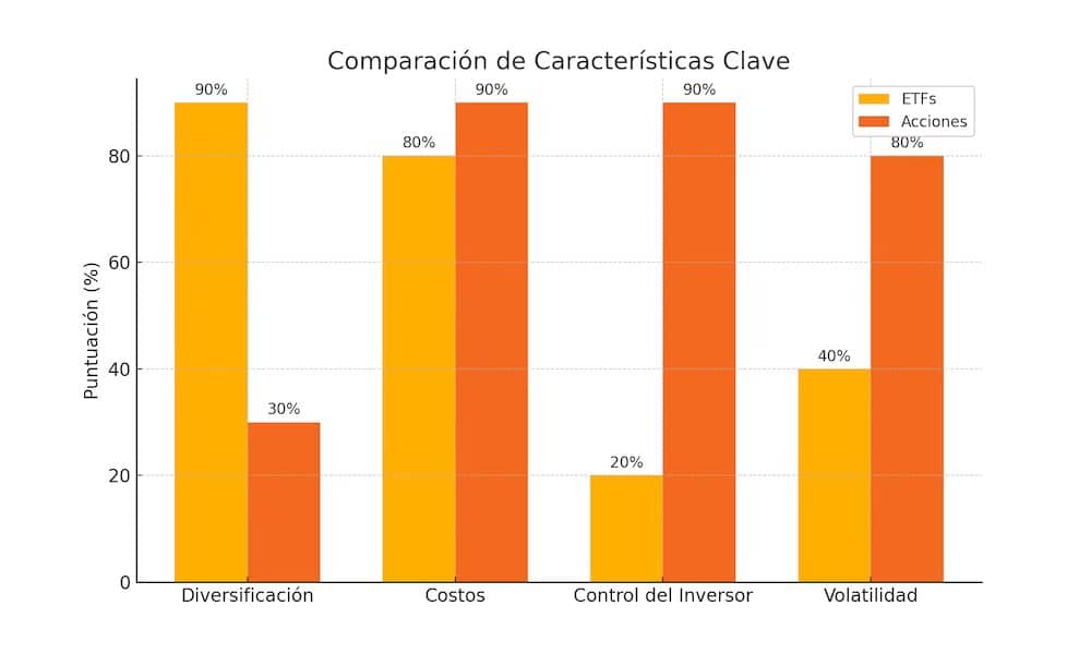 Gráfico de barras comparativo mostrando la diversificación, costos, control del inversor y volatilidad de los ETFs frente a las acciones. Los ETFs destacan en diversificación y costos, mientras que las acciones sobresalen en control y volatilidad.