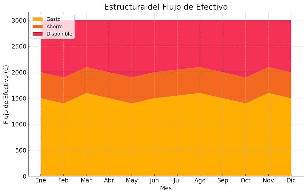 estructura mensual de ingresos, gastos, ahorro y dinero disponible, mostrando cómo se gestiona el flujo de efectivo durante el año.