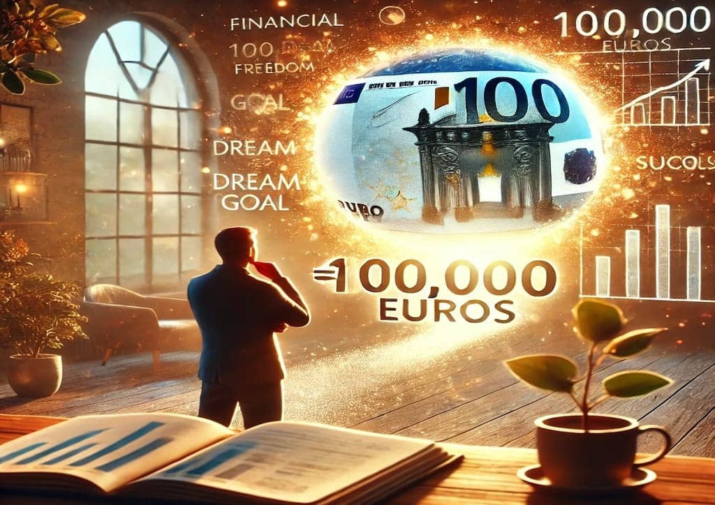 Persona visualizando la libertad financiera con un objetivo de 100,000 euros, en una escena cálida y motivadora, simbolizando éxito y progreso.