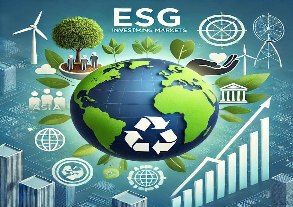 Imagen que representa la inversión ESG en mercados emergentes, destacando Asia, África y América Latina, con iconos de sostenibilidad ambiental, impacto social y gobernanza, y un gráfico de crecimiento.