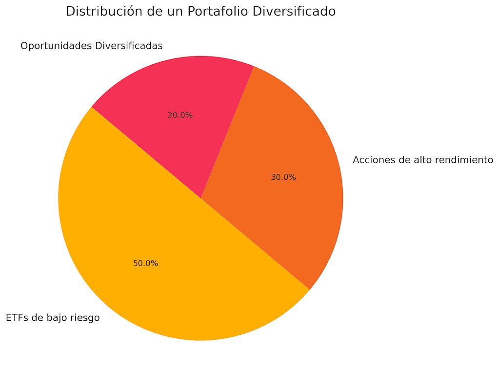 Gráfico circular para quienes comienzan a invertir, mostrando la distribución sugerida de un portafolio diversificado, con un 50% en ETFs de bajo riesgo, 30% en acciones de alto rendimiento y 20% en oportunidades diversificadas.