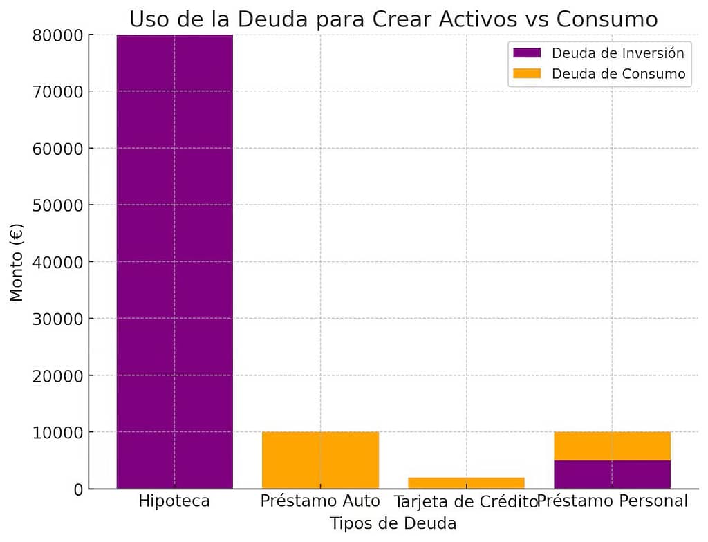 compara la deuda utilizada en inversiones (como hipotecas) frente a deuda de consumo, destacando el uso estratégico de la deuda.