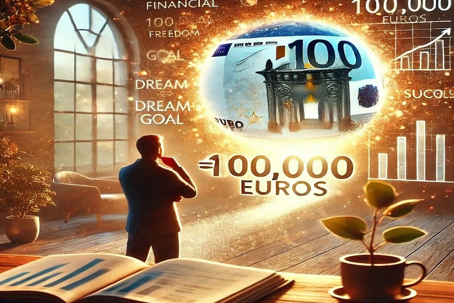 Persona visualizando la libertad financiera con un objetivo de 100,000 euros, en una escena cálida y motivadora, simbolizando éxito y progreso.