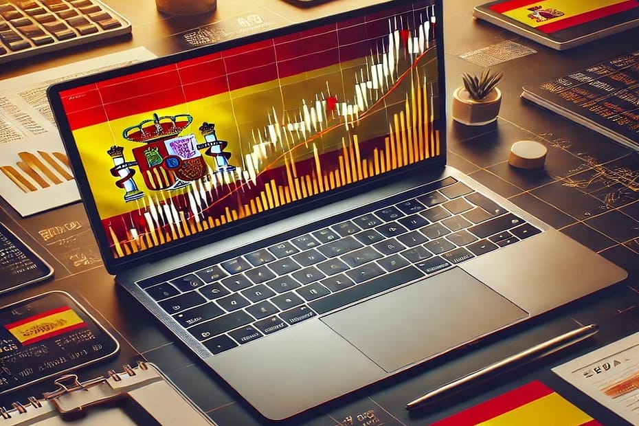 Portada de inversión en el IBEX 35, mostrando una oficina moderna con un gráfico de mercado en pantalla, símbolos de España y elementos financieros en español, reflejando estabilidad y oportunidades de crecimiento en empresas del índice bursátil español.