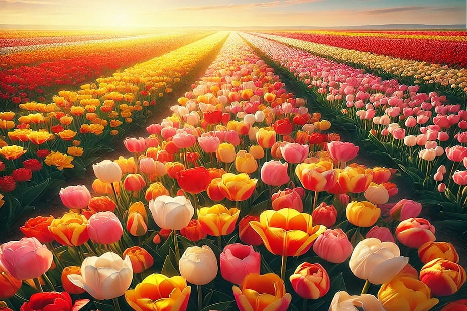 Campo extenso de tulipanes en flor representando La Burbuja de los Tulipanes del XVII, con filas de tulipanes de colores vivos extendiéndose hasta el horizonte, evocando la fascinación y exuberancia que caracterizó este fenómeno en la Holanda del siglo XVII.