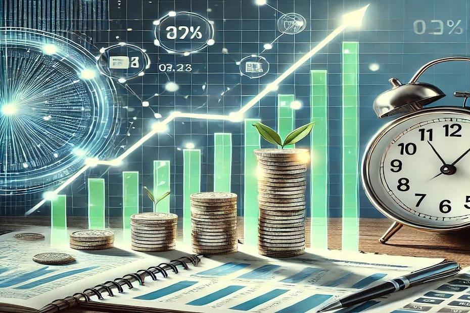 Imagen que representa el concepto de una estrategia de inversión a largo plazo con elementos visuales como un gráfico de crecimiento, monedas y un calendario, transmitiendo profesionalismo y estabilidad.