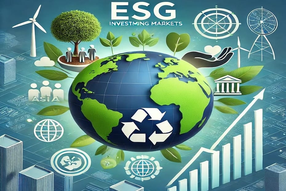 Imagen que representa la inversión ESG en mercados emergentes, destacando Asia, África y América Latina, con iconos de sostenibilidad ambiental, impacto social y gobernanza, y un gráfico de crecimiento.