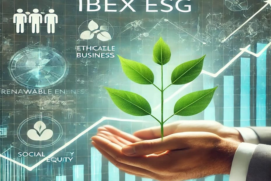 Portada principal que representa las empresas del IBEX ESG con un gráfico financiero y elementos de sostenibilidad, como hojas verdes y energías renovables.