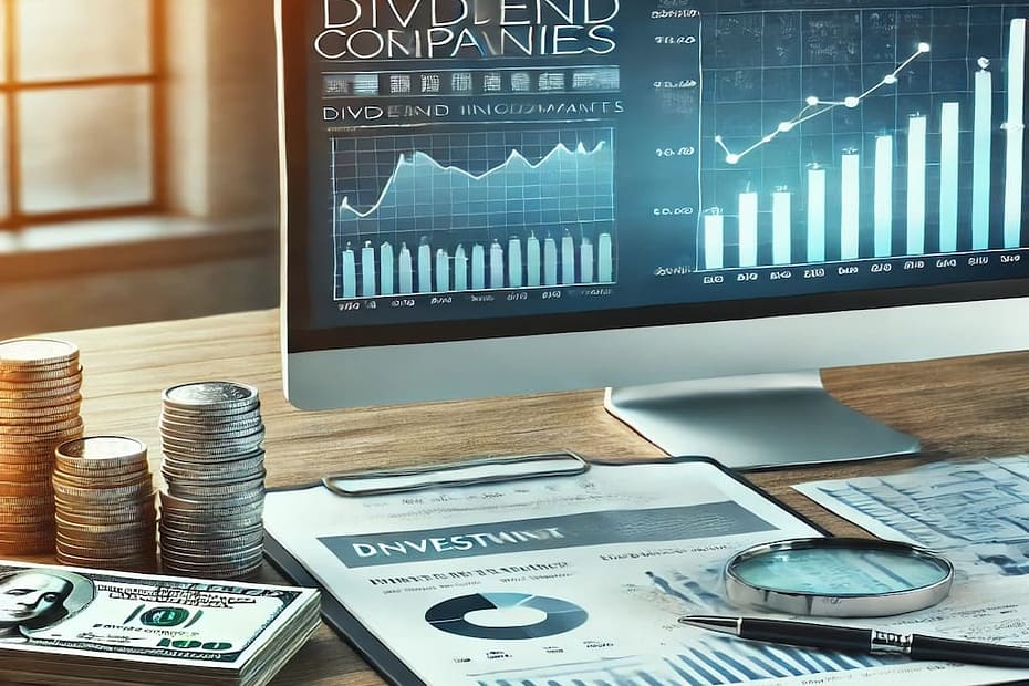 Imagen realista que representa análisis de ratios para empresas de dividendos, con gráficos, informes financieros y monedas sobre un escritorio.