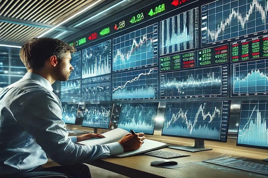 Análisis de las Tendencias de Inversión en el Mercado Actual con gráficos financieros y un analista revisando datos en una oficina moderna.